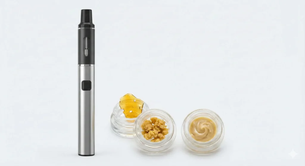 A Modern Wax Pen and Common Concentrate Types (Shatter, Wax, Budder)