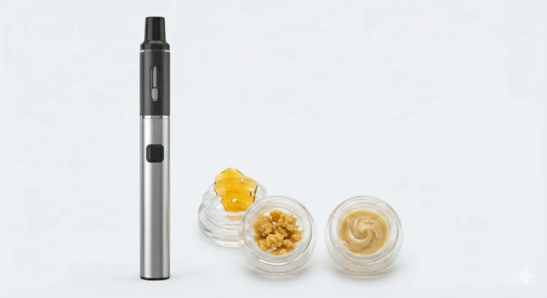 A Modern Wax Pen and Common Concentrate Types (Shatter, Wax, Budder)
