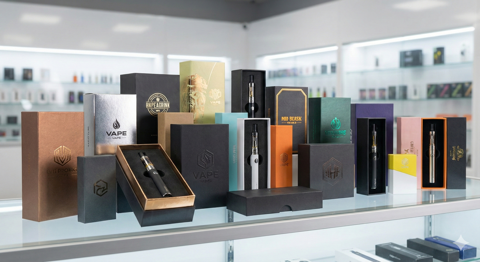 Assorted Premium Custom Vape Packaging Display on Retail Shelf