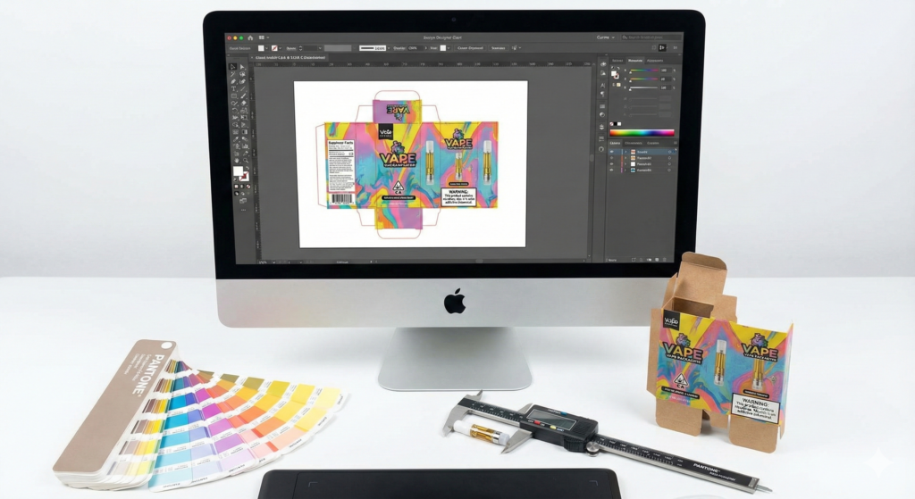 Custom Vape Packaging Design Process with Software, Prototypes, and Color Swatches