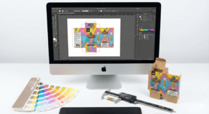 Custom Vape Packaging Design Process with Software, Prototypes, and Color Swatches