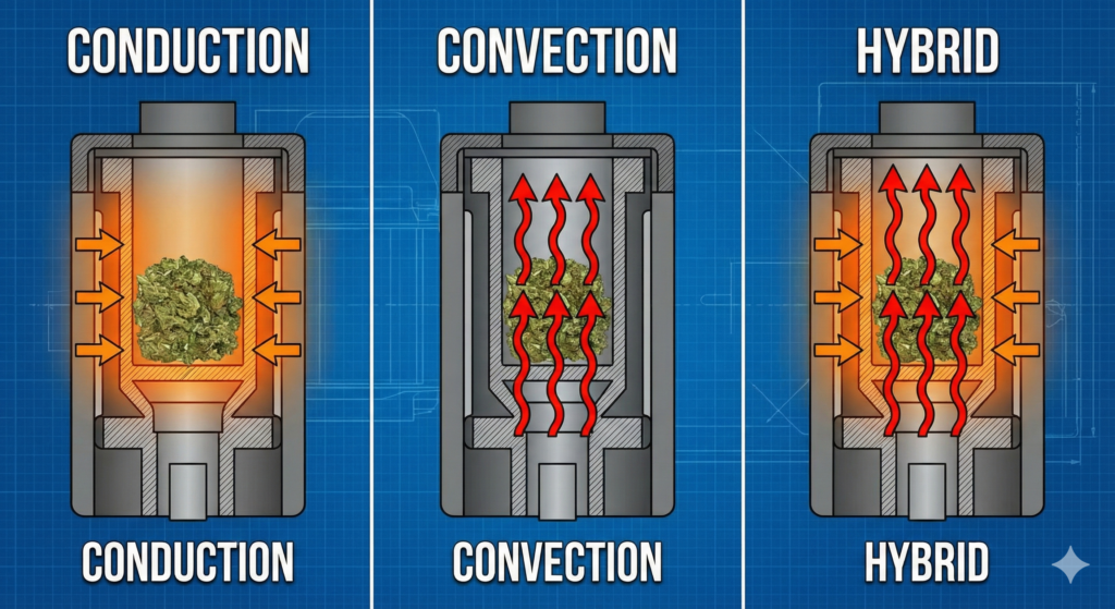 Diagram Comparing Conduction, Convection, and Hybrid Heating Methods