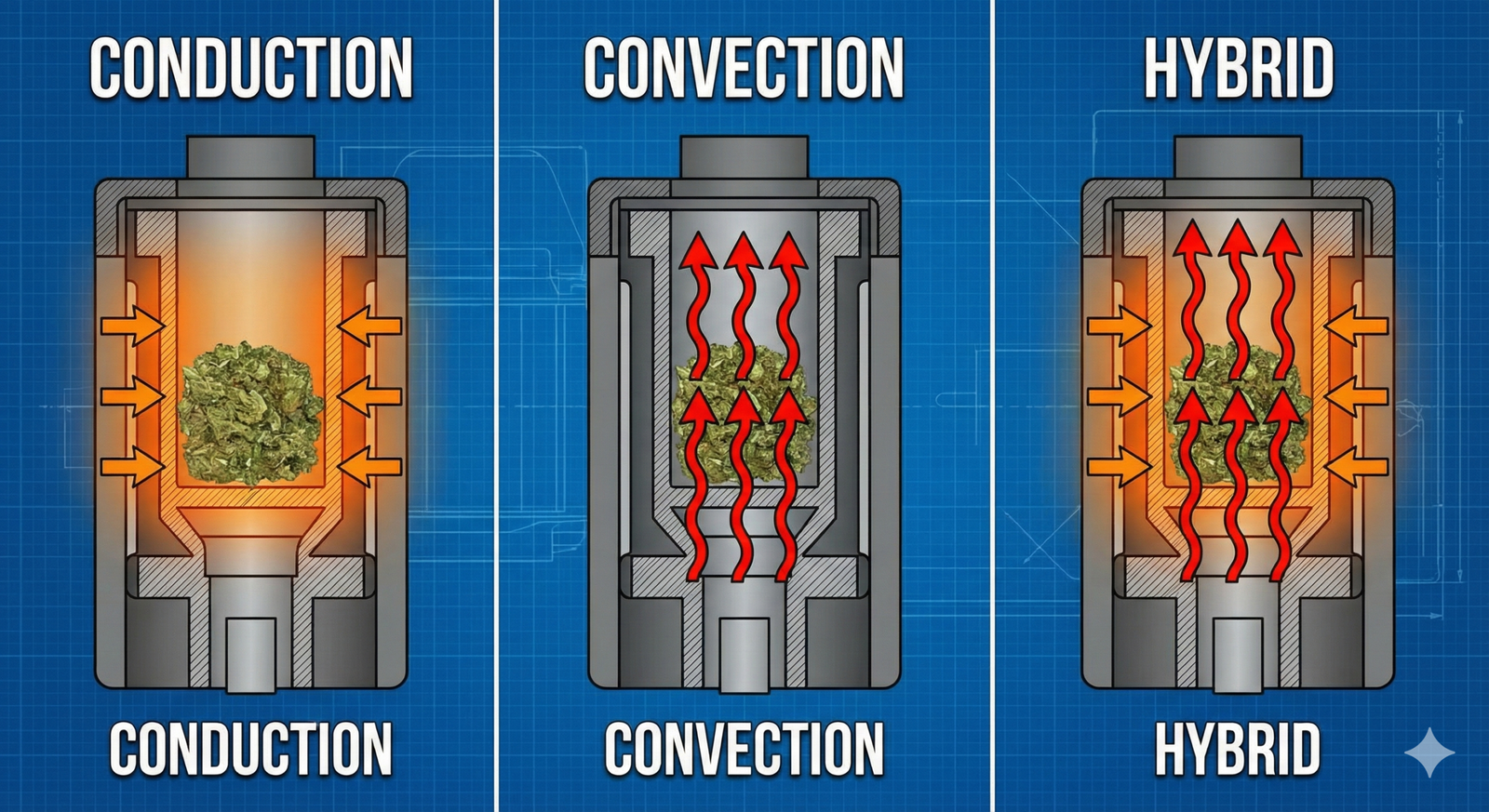 Diagram Comparing Conduction, Convection, and Hybrid Heating Methods