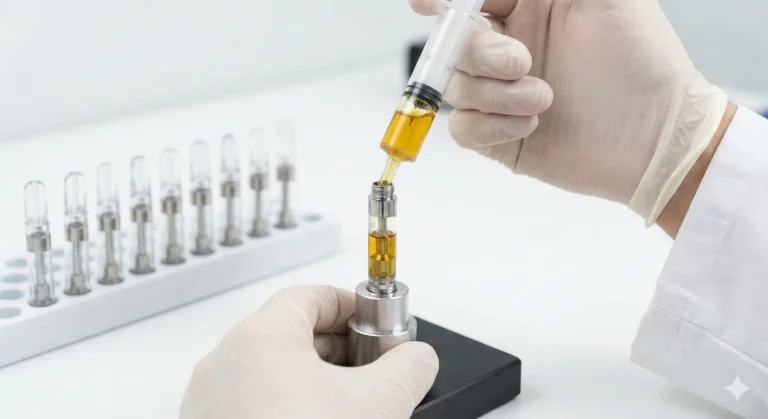 Precision Filling Injecting Distillate Oil into an Open-Top 510 Cartridge