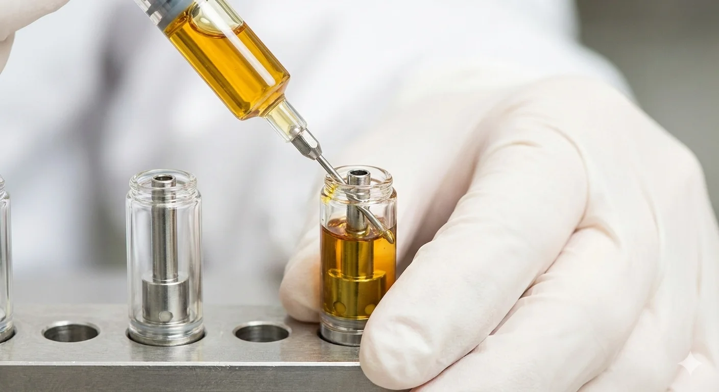 Precision Filling Injecting Oil into an Open-Top 510 Cartridge