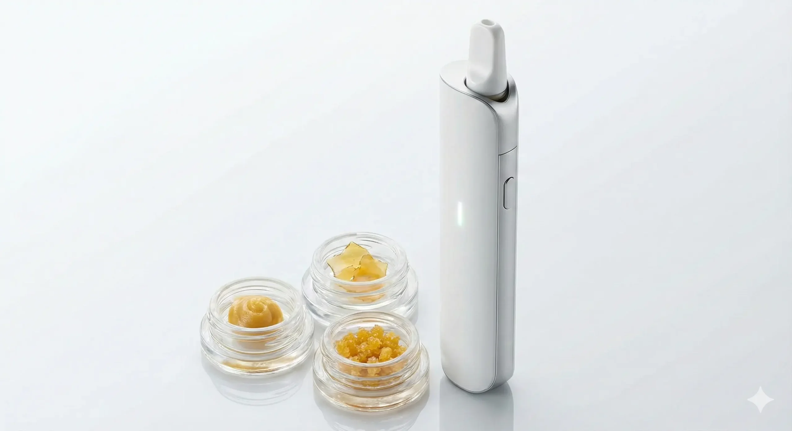 Sleek White Dab Pen with Jars of Wax, Shatter, and Live Resin.