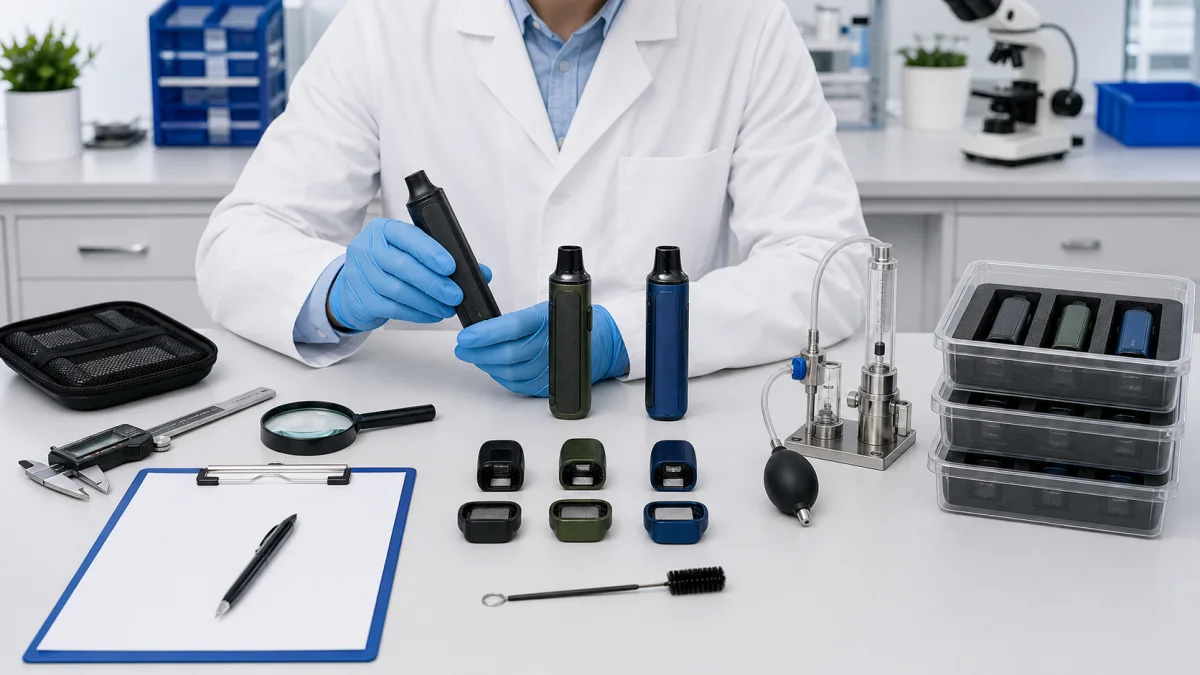 Quality engineer comparing dry herb vaporizer samples and removable chambers