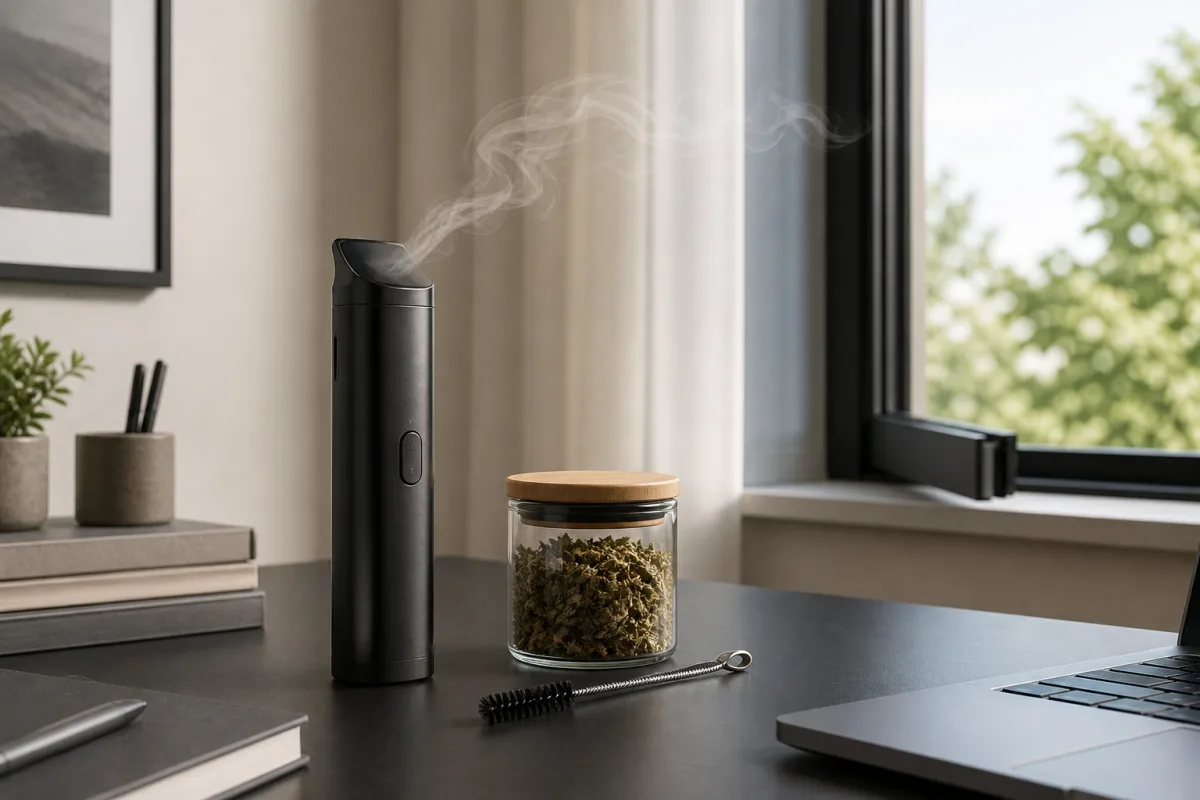 Dry herb vaporizer beside sealed material and an open window