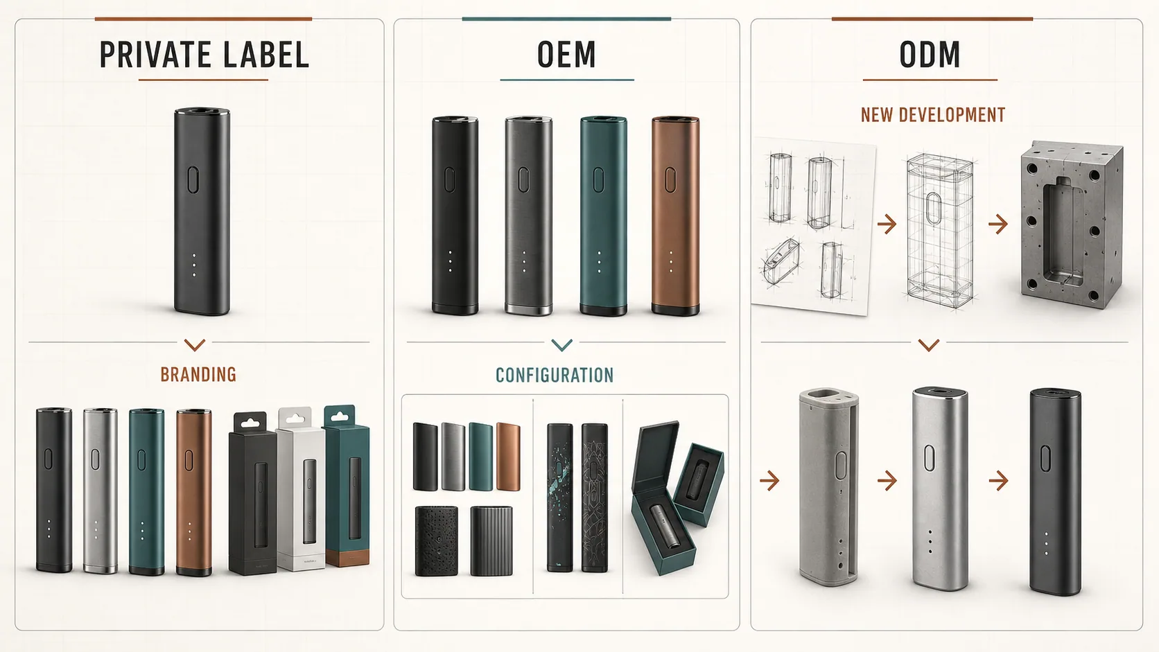 Comparison of private label, OEM, and ODM vape product development