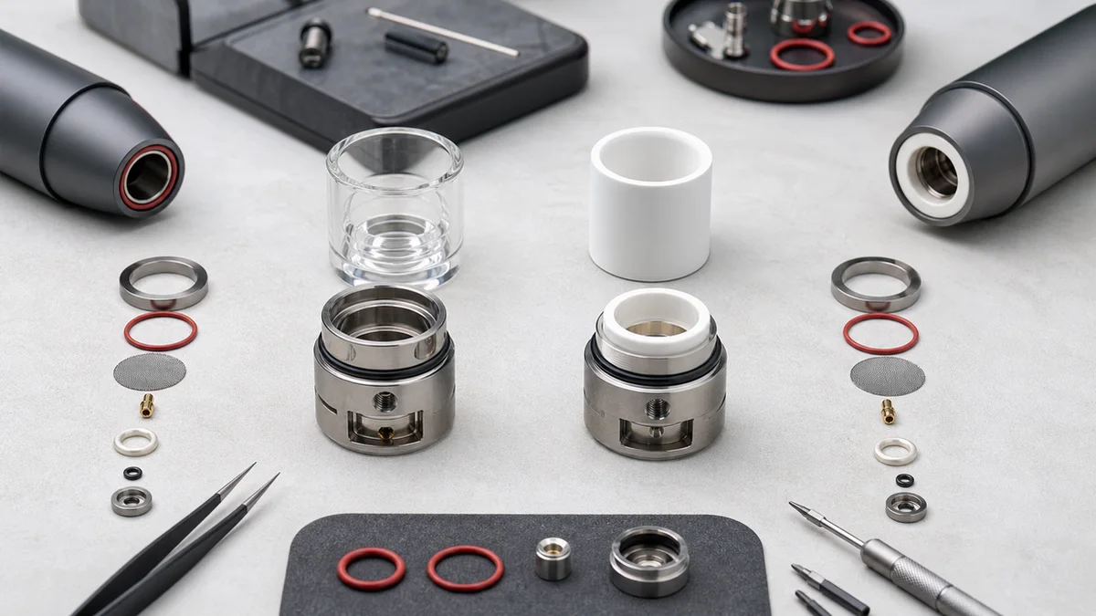 Disassembled quartz and ceramic heating assemblies arranged side by side