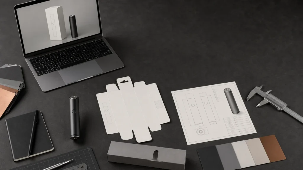 Vape branding project with hardware sample, packaging dieline, color swatches, and specification sheet