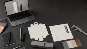 Vape branding project with hardware sample, packaging dieline, color swatches, and specification sheet