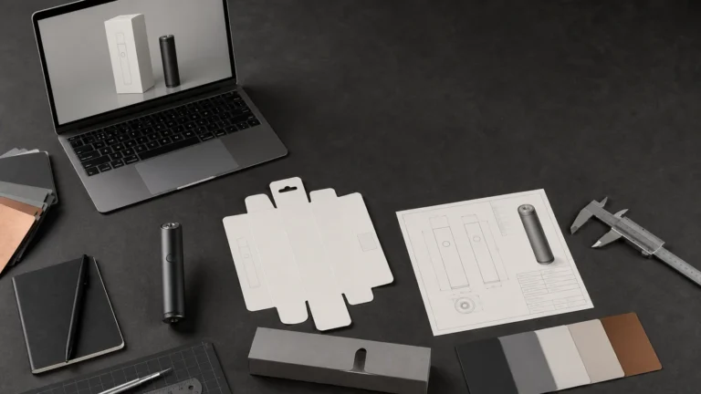 Vape branding project with hardware sample, packaging dieline, color swatches, and specification sheet