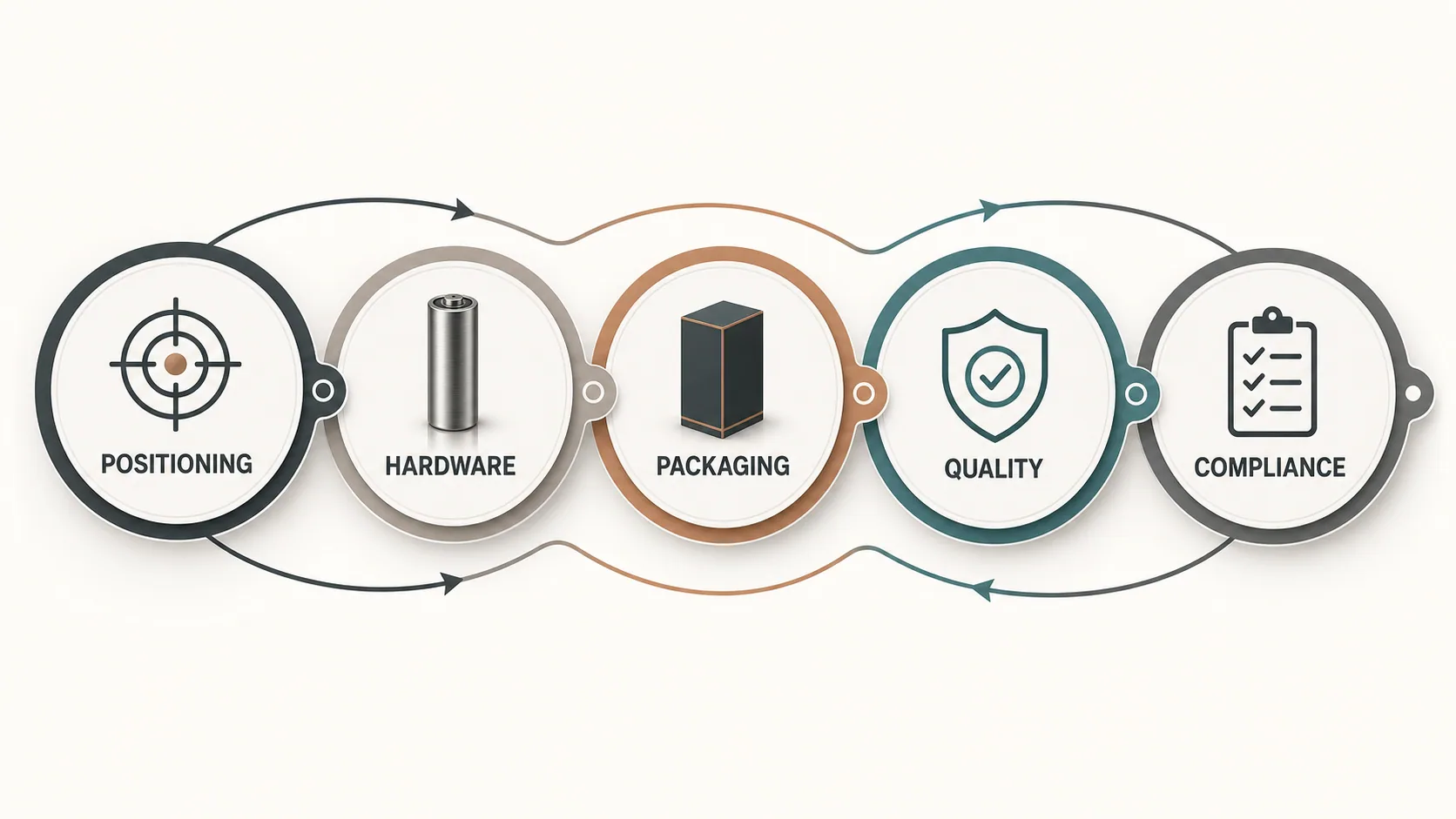 Diagram connecting vape brand positioning, hardware, packaging, quality control, and compliance