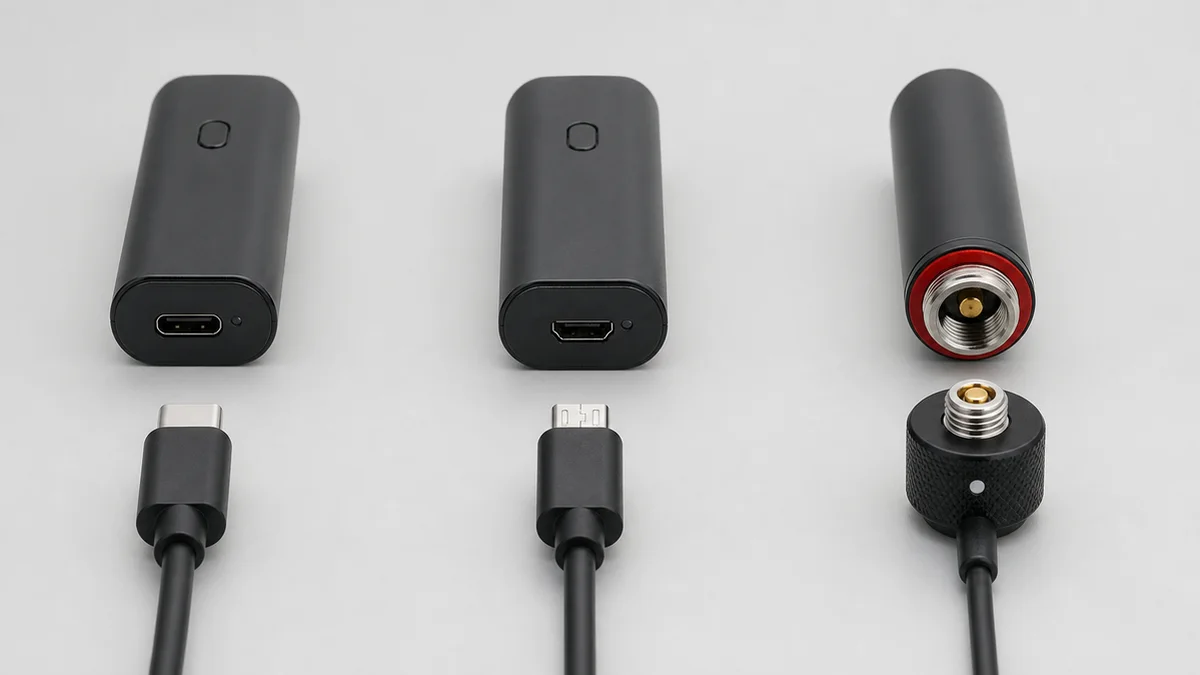 USB-C, Micro-USB and screw-on 510 charging interfaces shown side by side