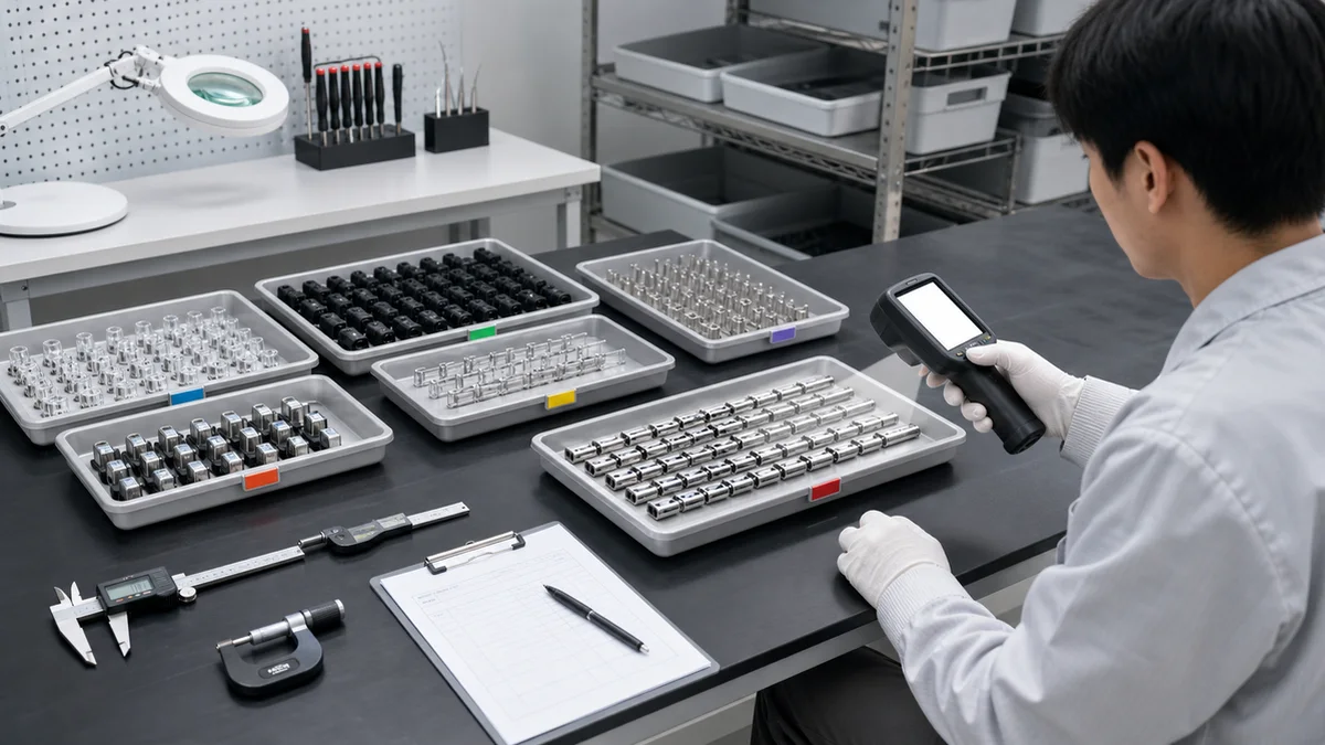 Serialized vape components organized in trays for traceability inspection