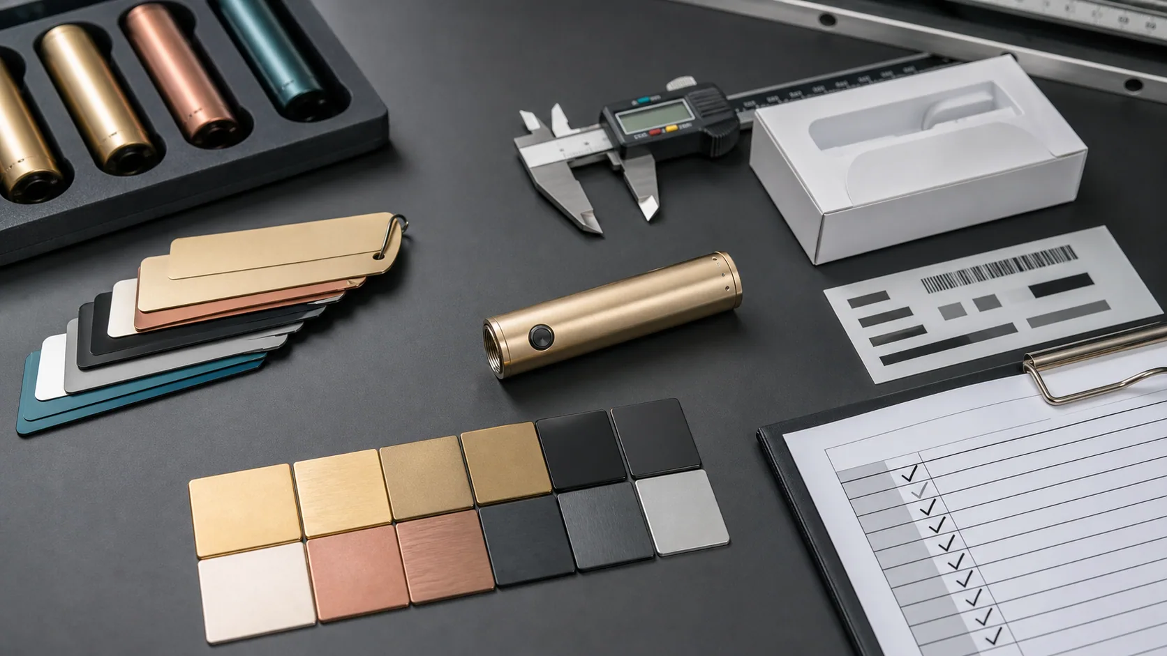 Golden sample approval checks for vape hardware, logo position, dimensions, color, and packaging