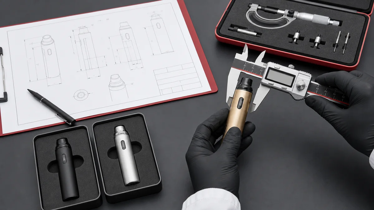Vape hardware sample measured with calipers beside a controlled specification