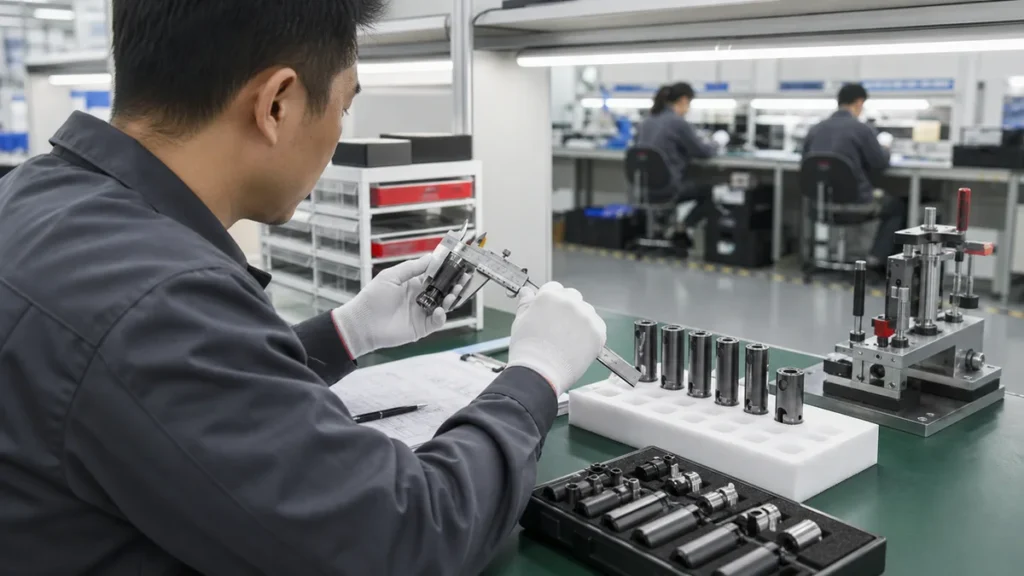 Quality team reviewing vape hardware manufacturing evidence on a factory floor