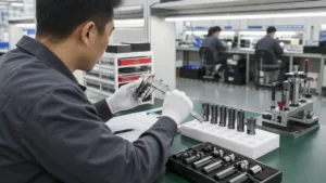 Quality team reviewing vape hardware manufacturing evidence on a factory floor