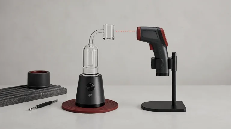 A quartz banger and dedicated infrared reader aligned at the documented sensor distance