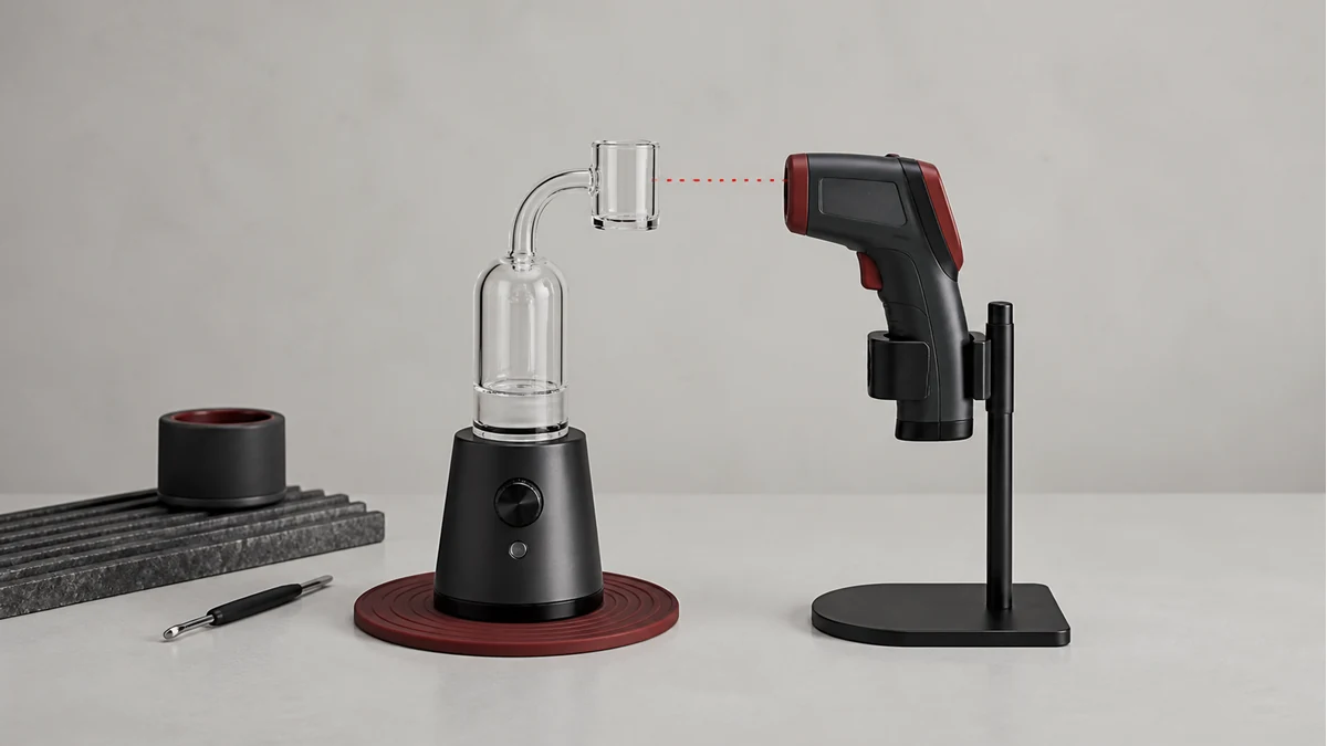 A quartz banger and dedicated infrared reader aligned at the documented sensor distance