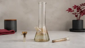 A used bong with water, bowl and downstem separated to show the main odor-holding areas