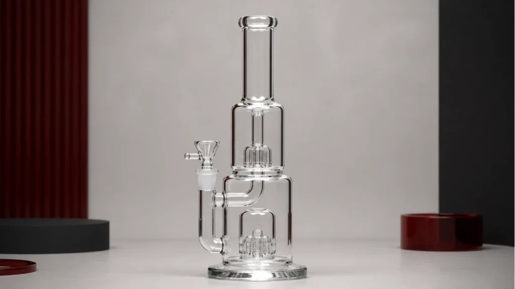 A double-chamber bong shown in full profile with two reservoirs and connecting passage visible