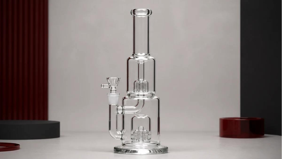 A double-chamber bong shown in full profile with two reservoirs and connecting passage visible