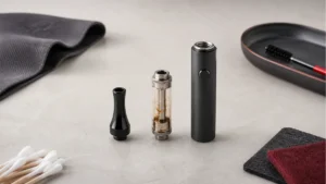 A powered dab pen separated into mouthpiece, removable chamber and battery before cleaning