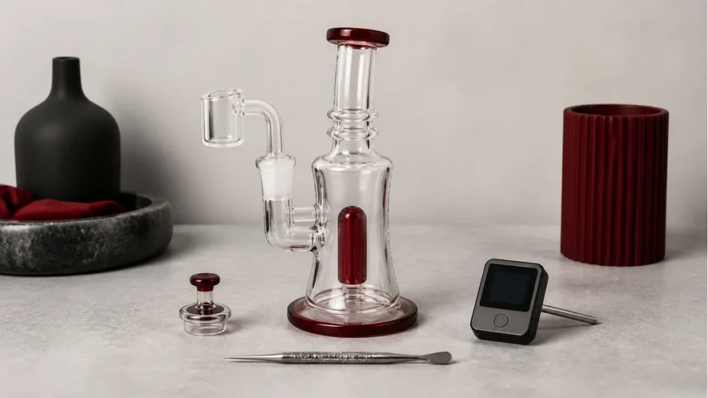 A stable beginner dab-rig setup with rig, banger, cap, tool and temperature reader arranged before heating