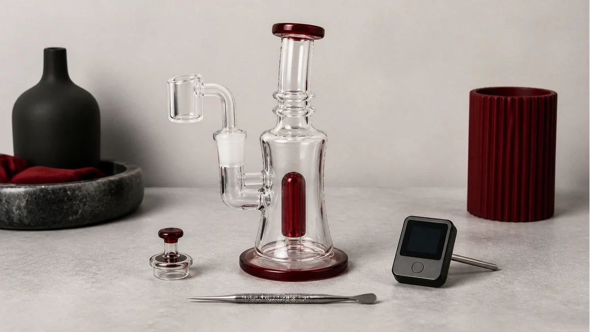 A stable beginner dab-rig setup with rig, banger, cap, tool and temperature reader arranged before heating