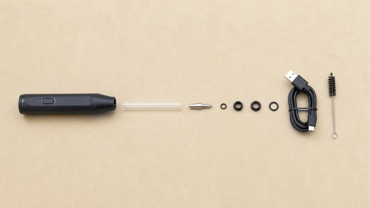 Electric glass-tipped tool components arranged in service order