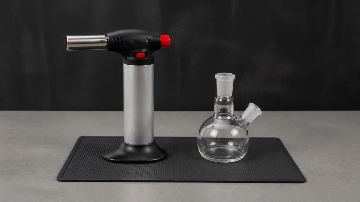 Unlit torch and glass vessel on a heat-safe mat