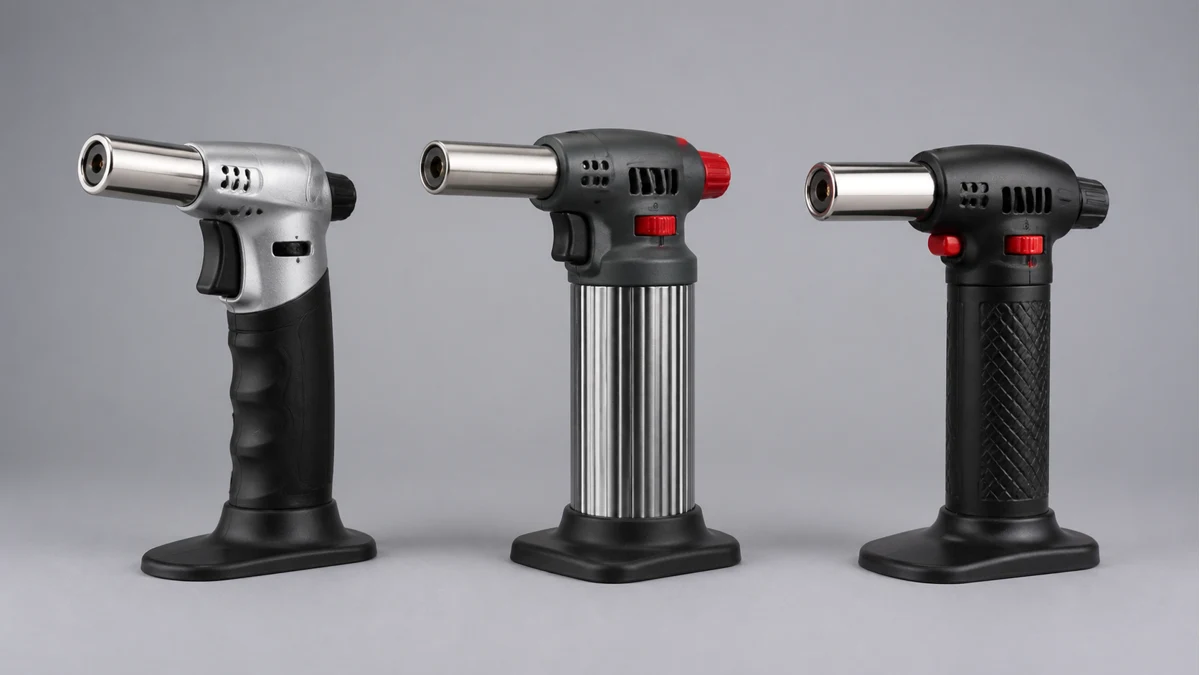 Three complete unlit torches showing different controls and bases