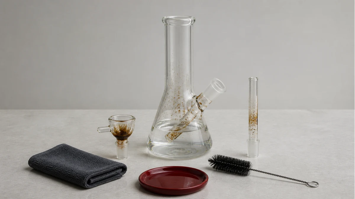 Fresh water beside visible residue on the bowl and downstem, illustrating why a water change is not a full clean