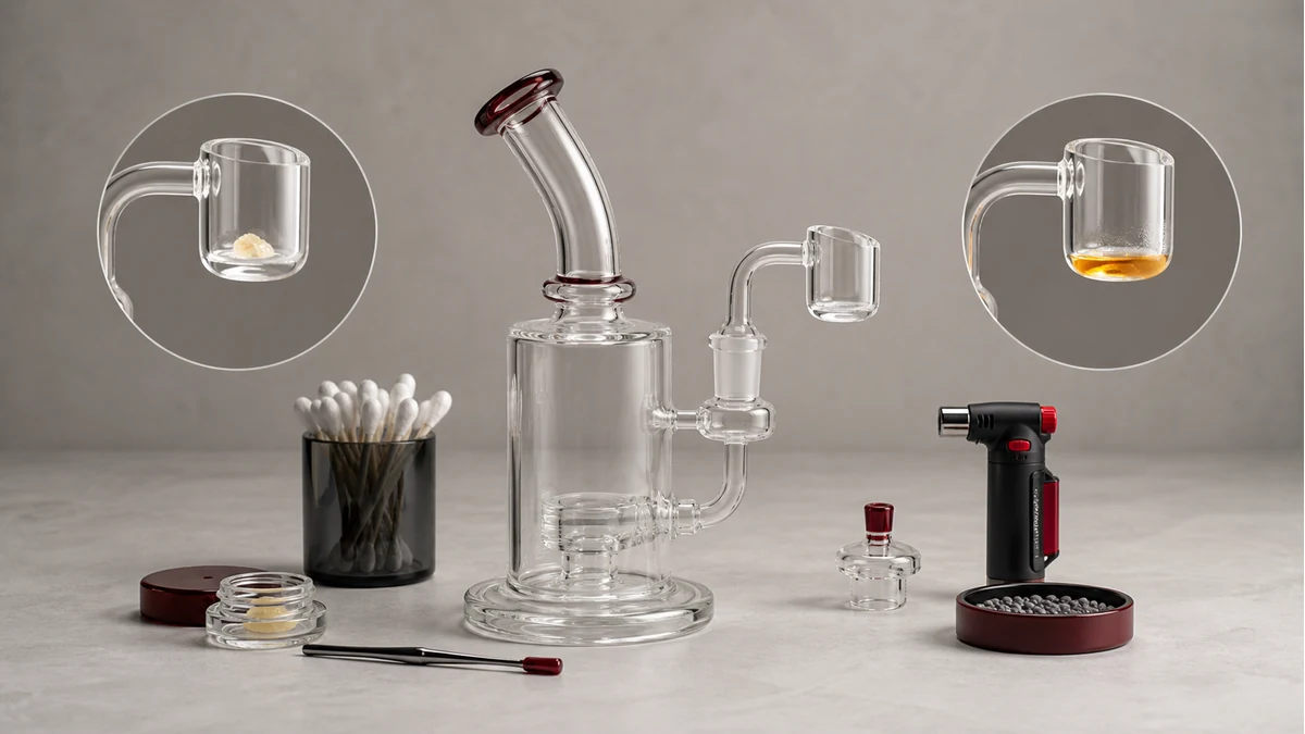 A quartz banger shown in cold-start and measured hot-start preparation states