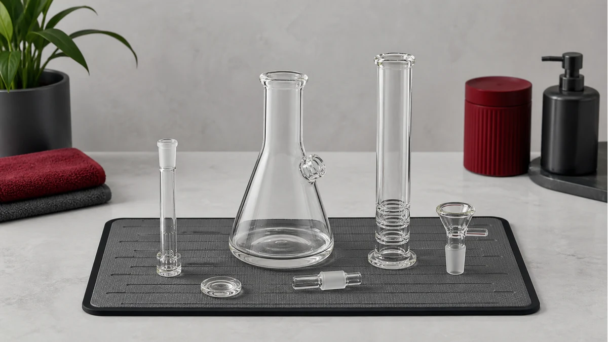 A clean bong drying fully with removable parts separated on a stable mat