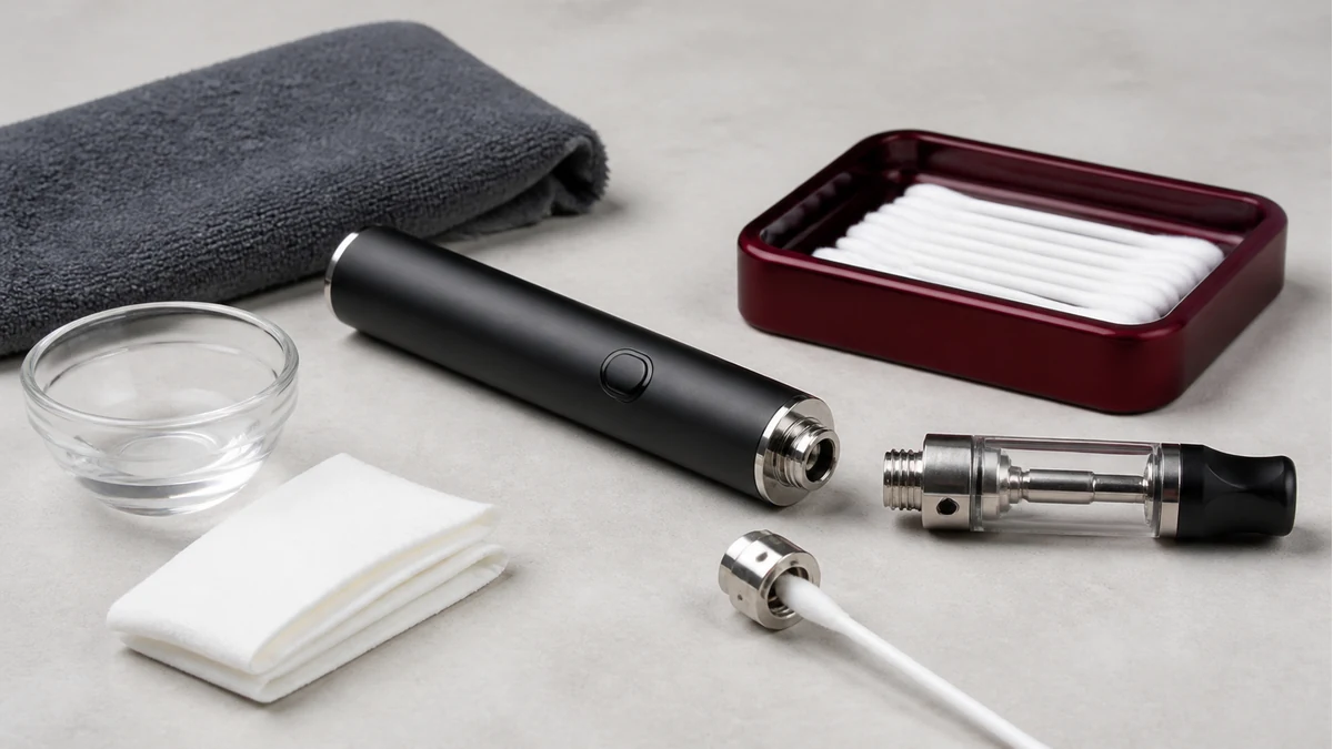 A lightly damp swab cleaning manufacturer-approved external threads while the battery stays dry