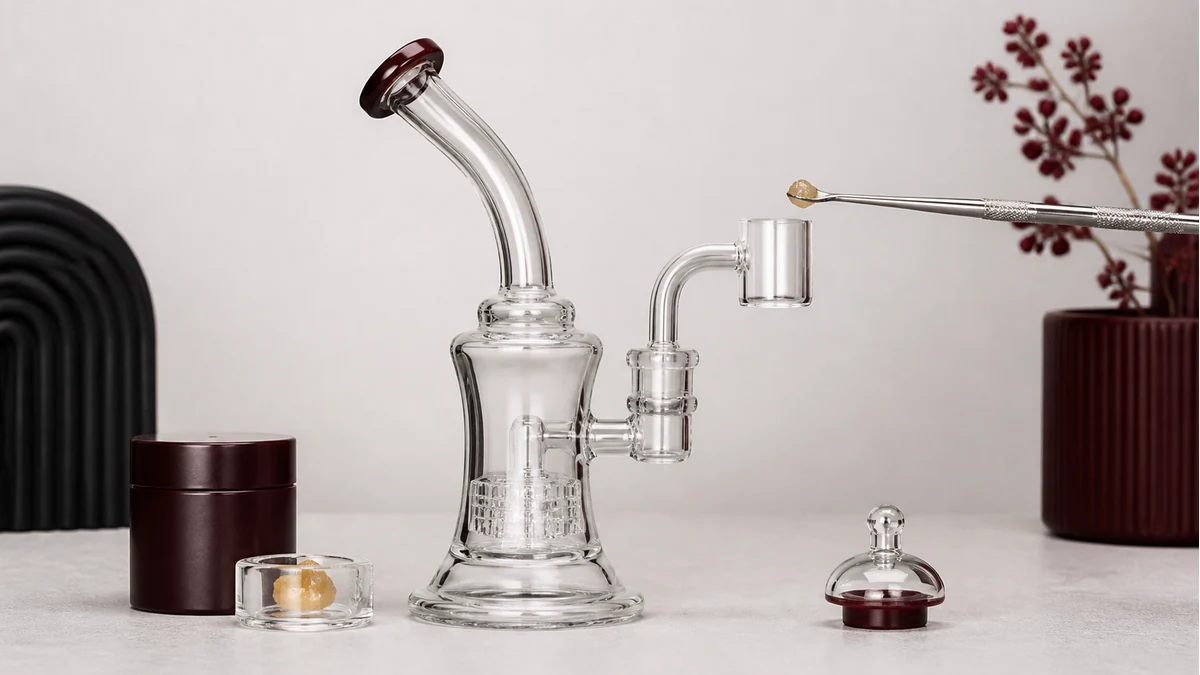 A small tool approaching the banger while the rig remains flat and the cap is ready
