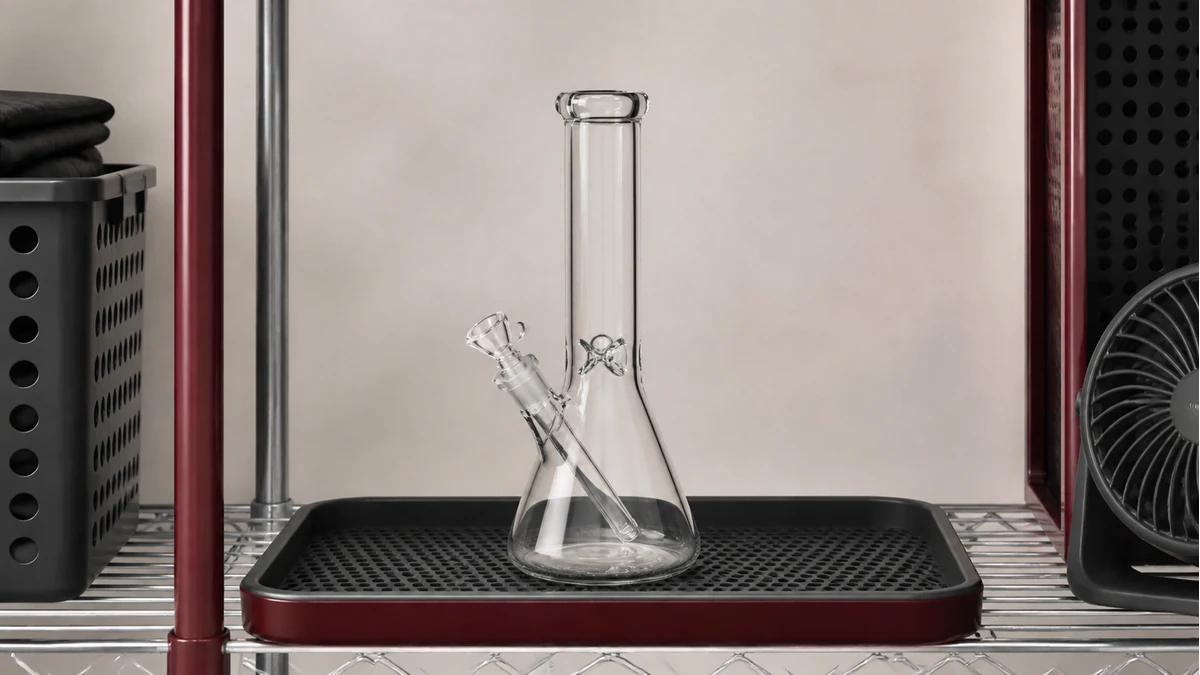A dry, cleaned bong placed in a ventilated storage area away from fabrics