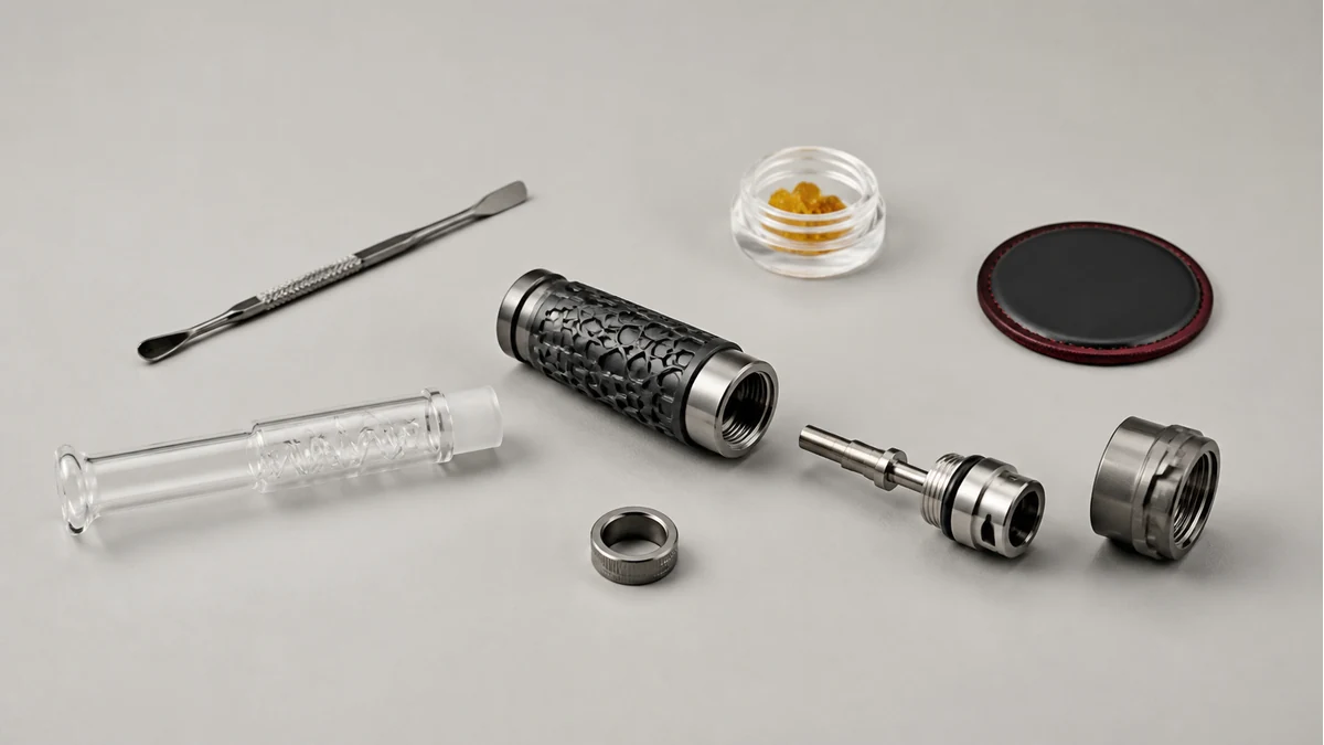 A cooled nectar collector disassembled for access to the tip and vapor path