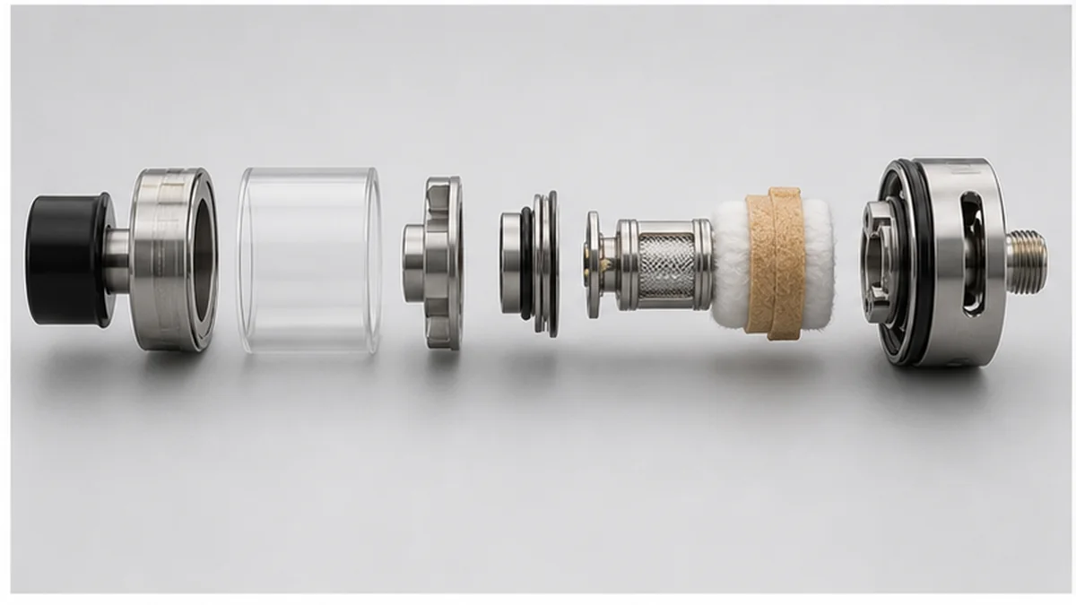Exploded atomizer components including heater core housing and airway