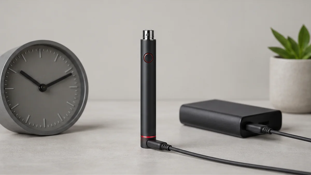 A compact battery charging beside a clock
