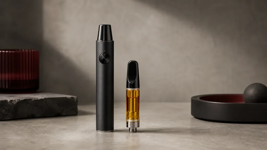 Live resin cartridge beside a variable-voltage 510 battery