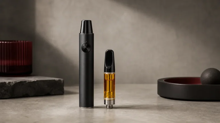 Live resin cartridge beside a variable-voltage 510 battery