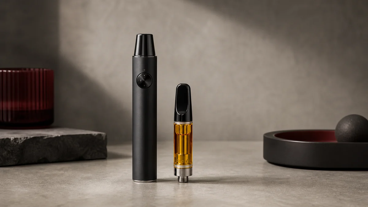 Live resin cartridge beside a variable-voltage 510 battery