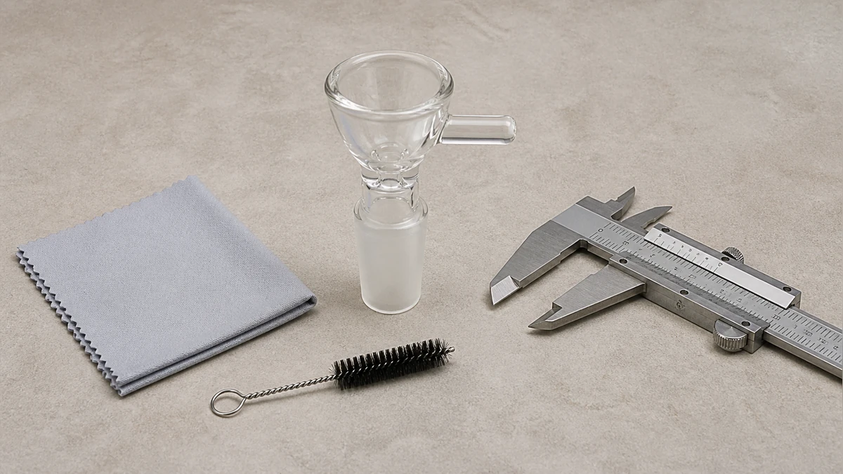 Glass bowl, caliper, cloth and brush arranged for fit inspection