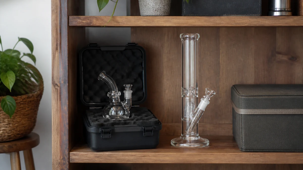 Compact bubbler in a case beside a safely stored bong