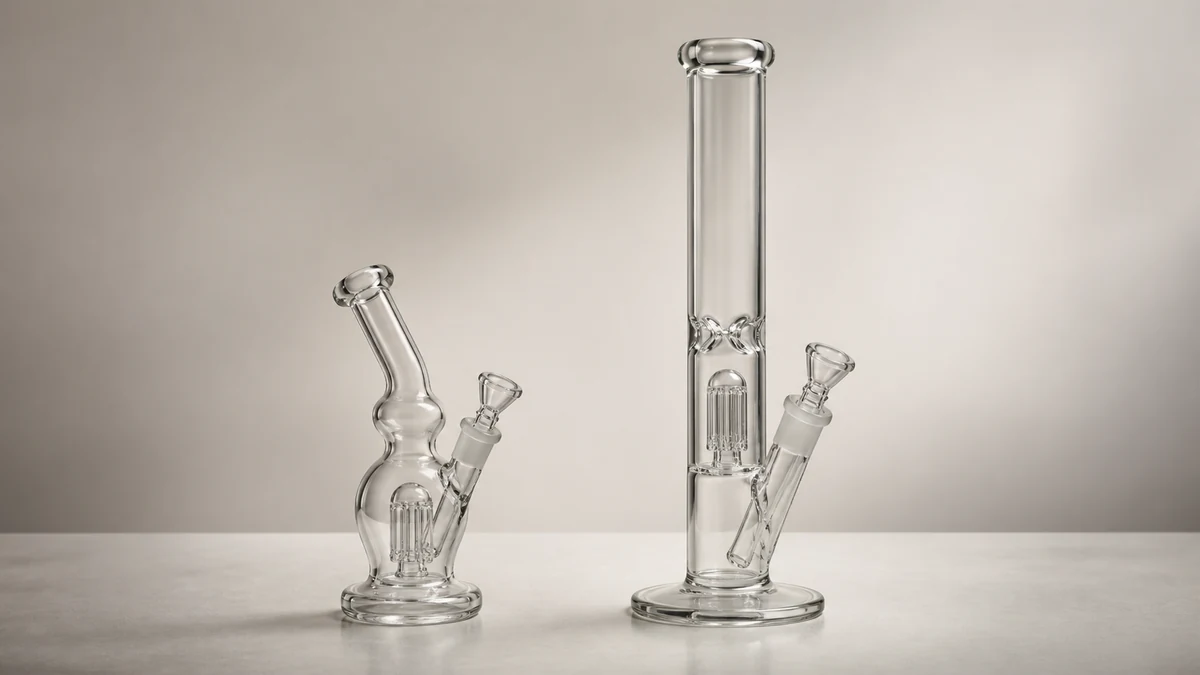 Complete compact glass bubbler beside a taller glass bong